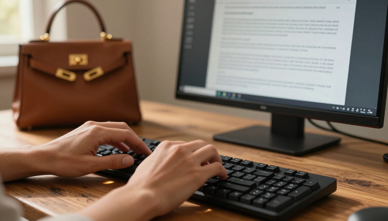 Woman typing a detailed product description prompt into an AI interface with a leather handbag as reference
