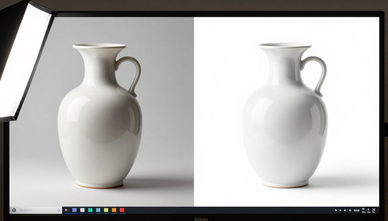 Side-by-side comparison on a professional monitor showing basic product photo versus perfectly lit AI-generated version