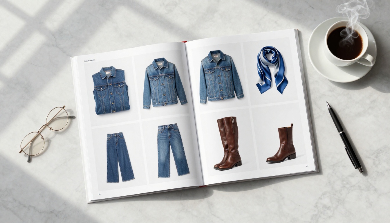 Aerial overhead view of a fashion catalog spread showing a cohesive grid of AI-generated product images