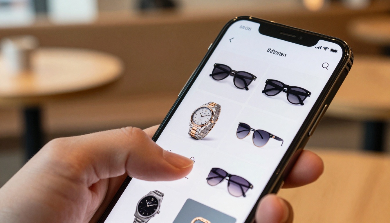Person holding a smartphone displaying an AI-generated product catalog app with luxury accessories on seamless white backgrounds