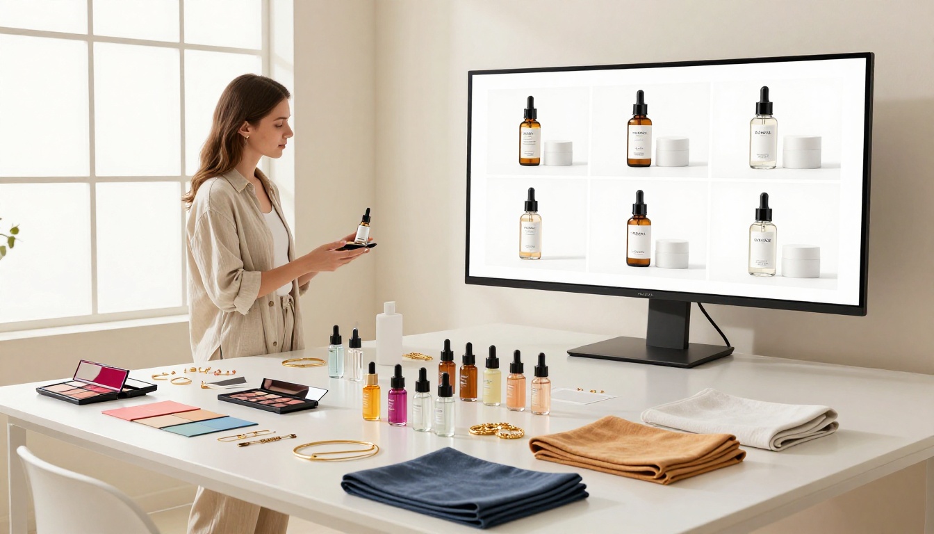 Wide studio workspace showing organized product samples alongside AI-generated equivalents displayed on a large monitor
