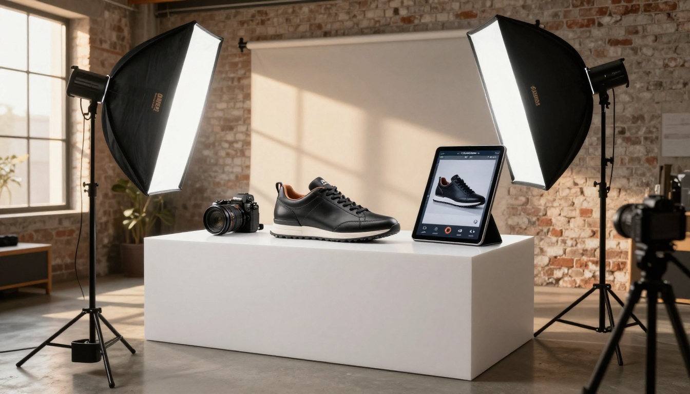Professional product photography studio setup showing AI interface generating images in real time