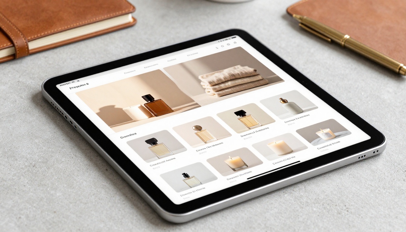 iPad displaying a completed AI-generated product catalog with lifestyle product photography in editorial style
