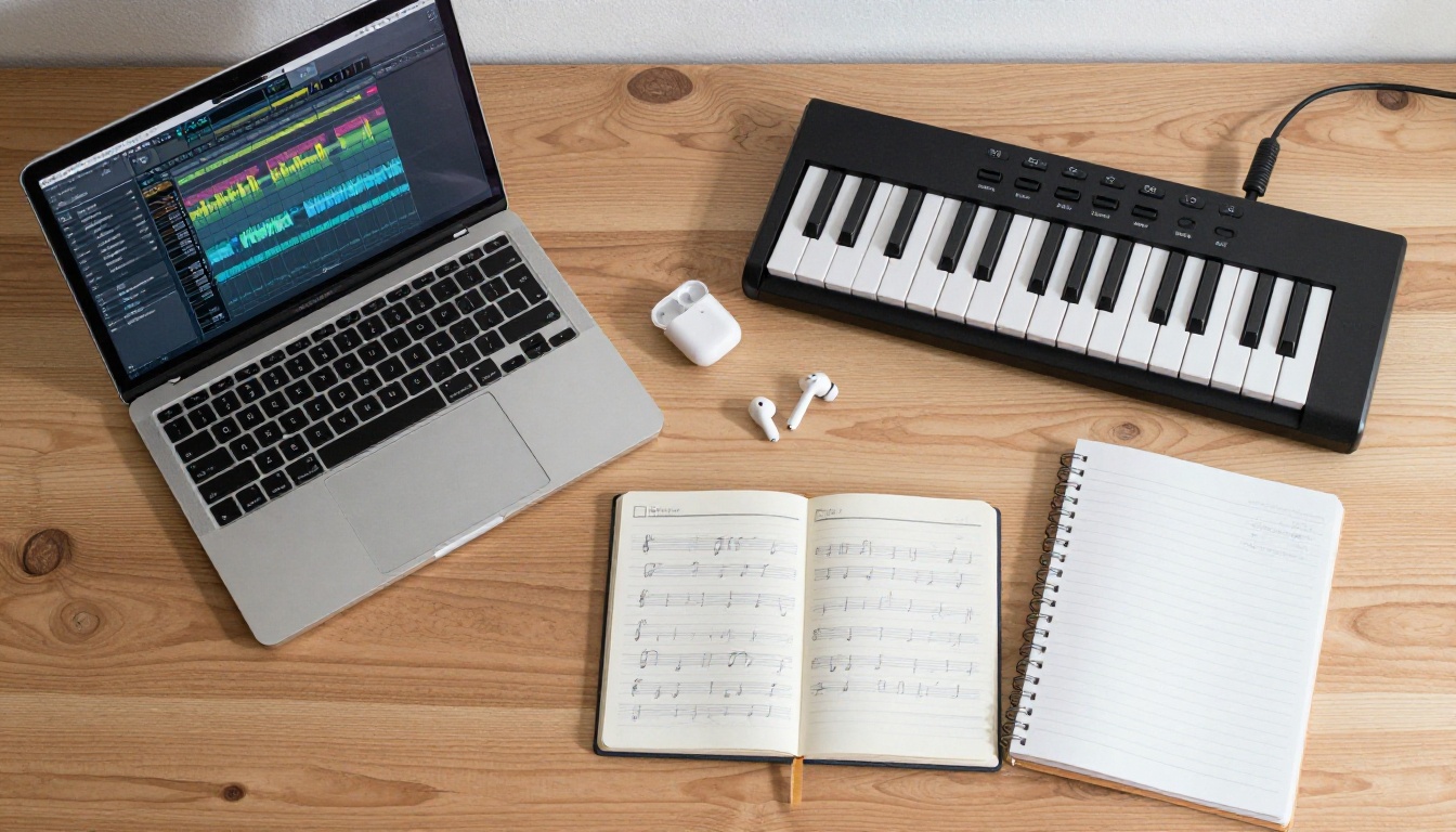 Overhead flat-lay of a music production workspace with laptop showing a digital audio workstation and MIDI keyboard