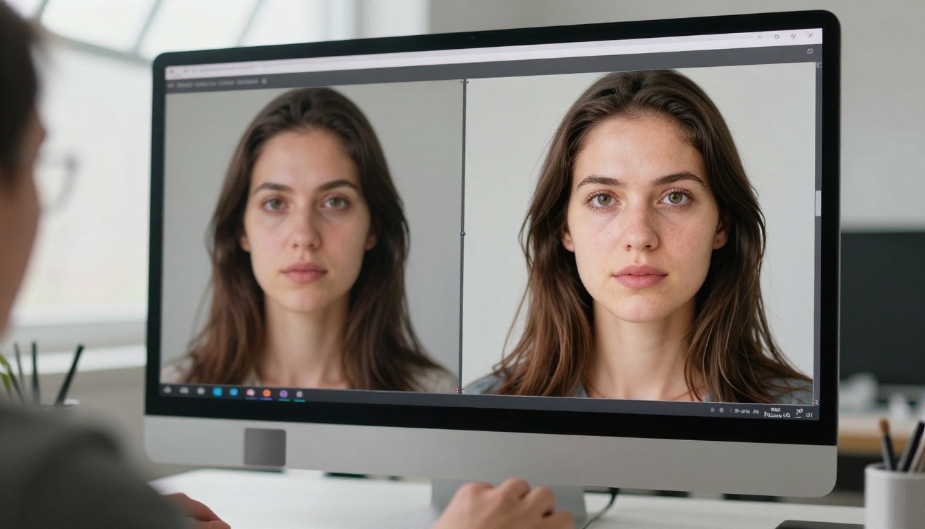 Monitor showing before-and-after comparison of an image upscaled from blurry to sharp 4K detail