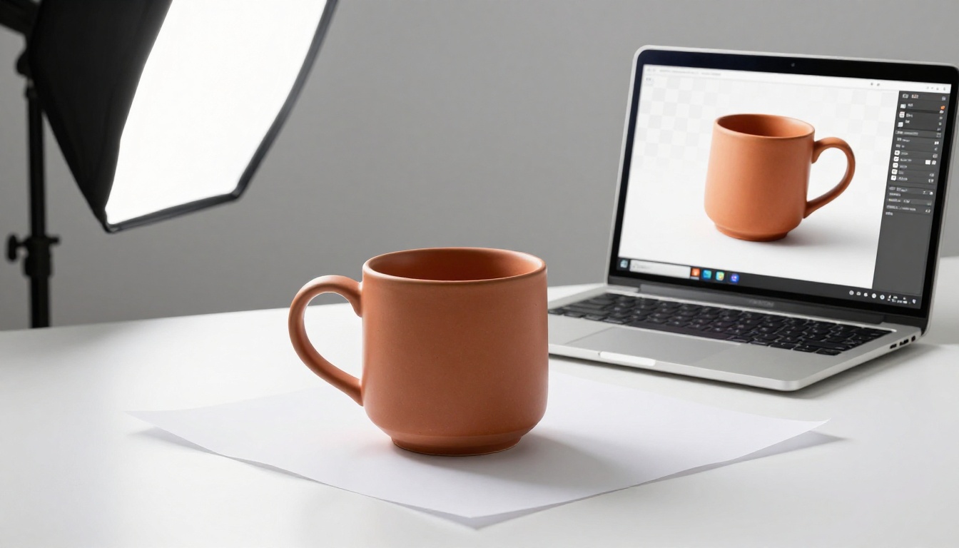 Product photography setup showing a ceramic mug with AI background removal interface on a laptop beside it