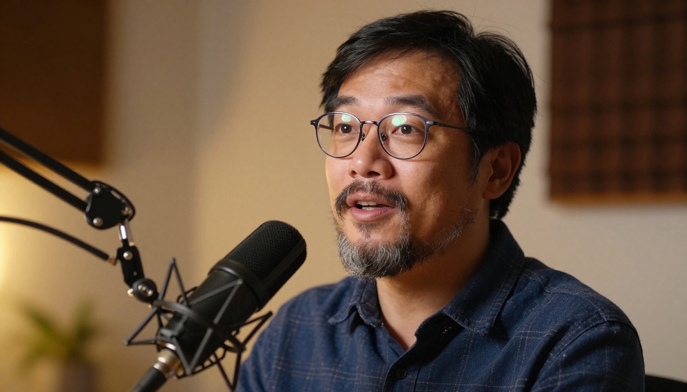 Podcast host speaking into a professional microphone with warm incandescent lighting, authentic and engaged