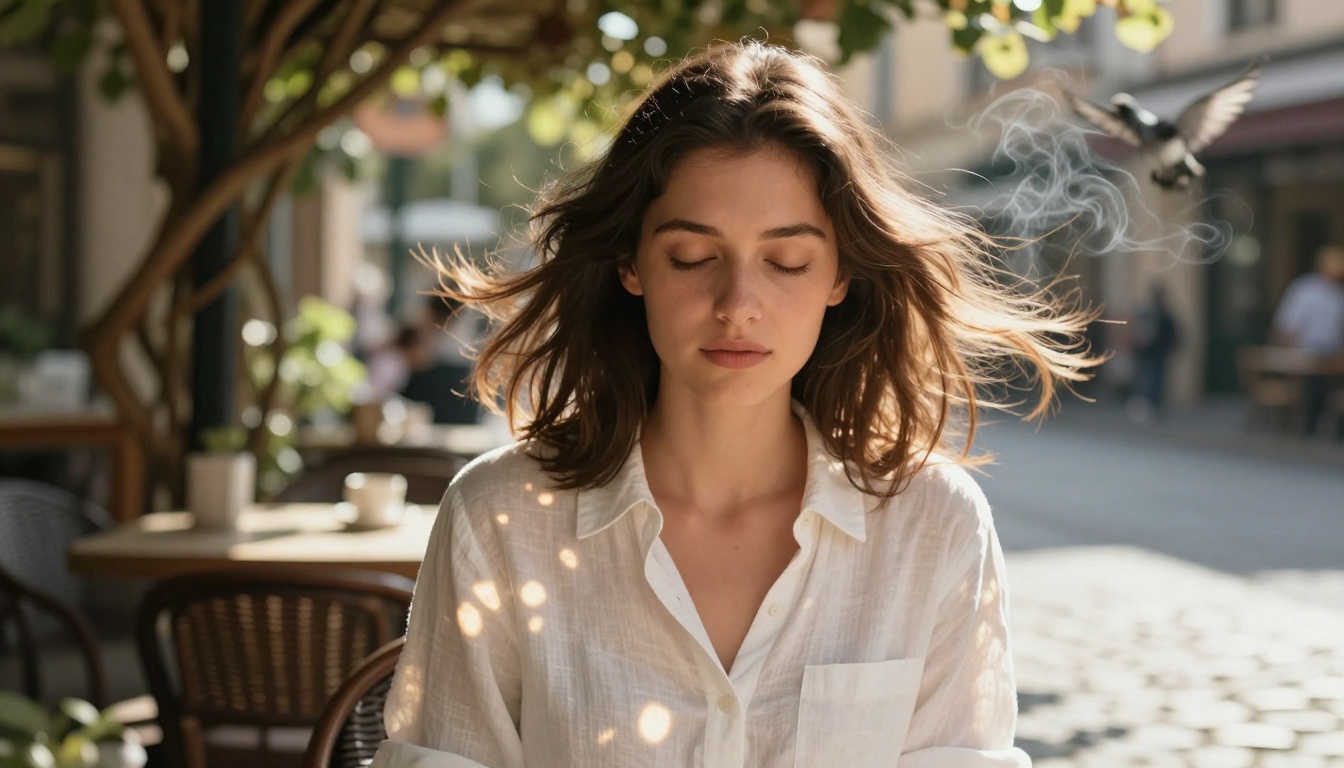 A young woman at a cafe terrace, eyes closed, hair mid-flutter in a gentle breeze, coffee steam curling upward in soft spirals