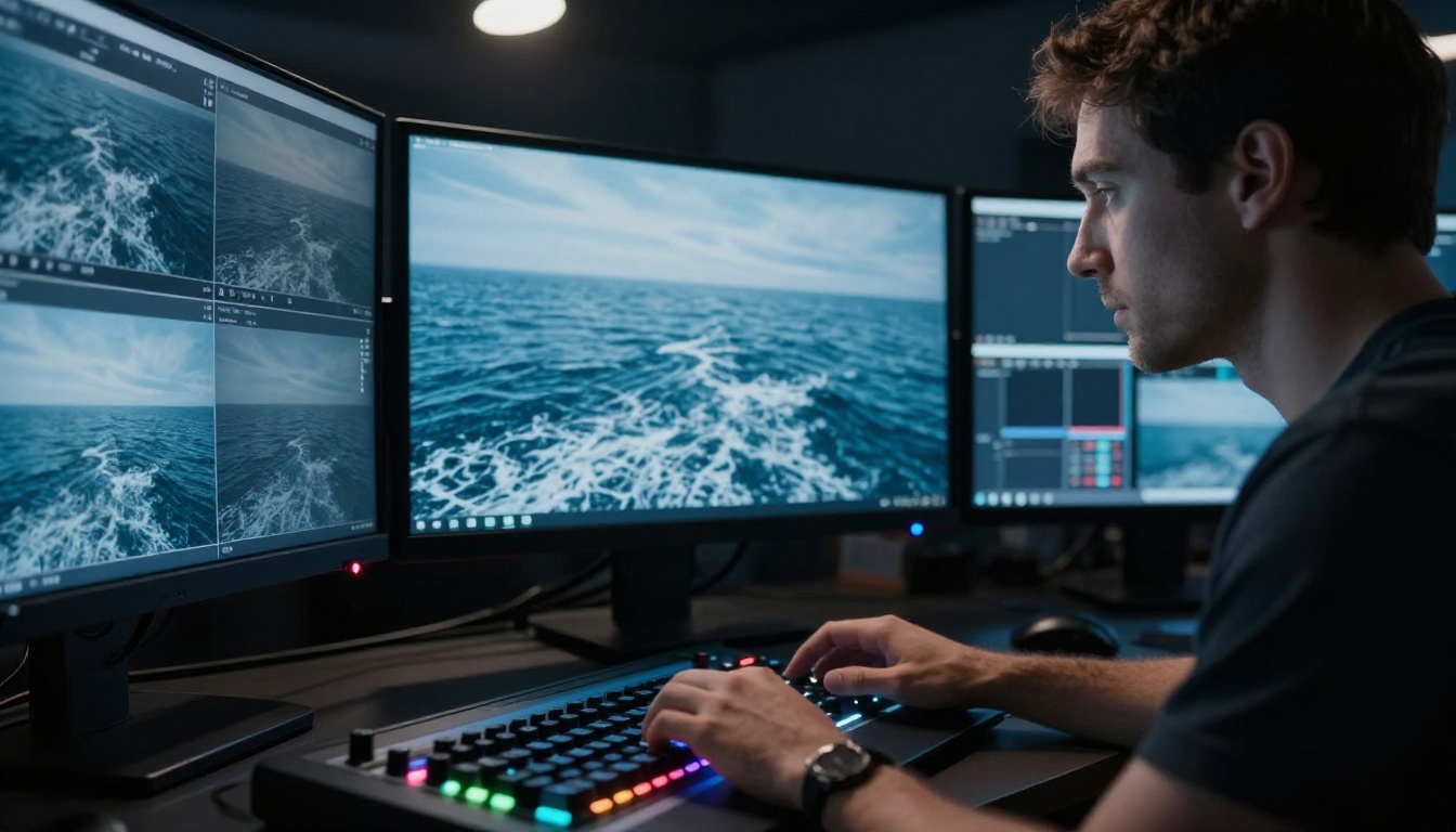 A professional video editor surrounded by multiple monitors in a dark editing suite, central screen showing ocean waves animated from a static seascape photograph