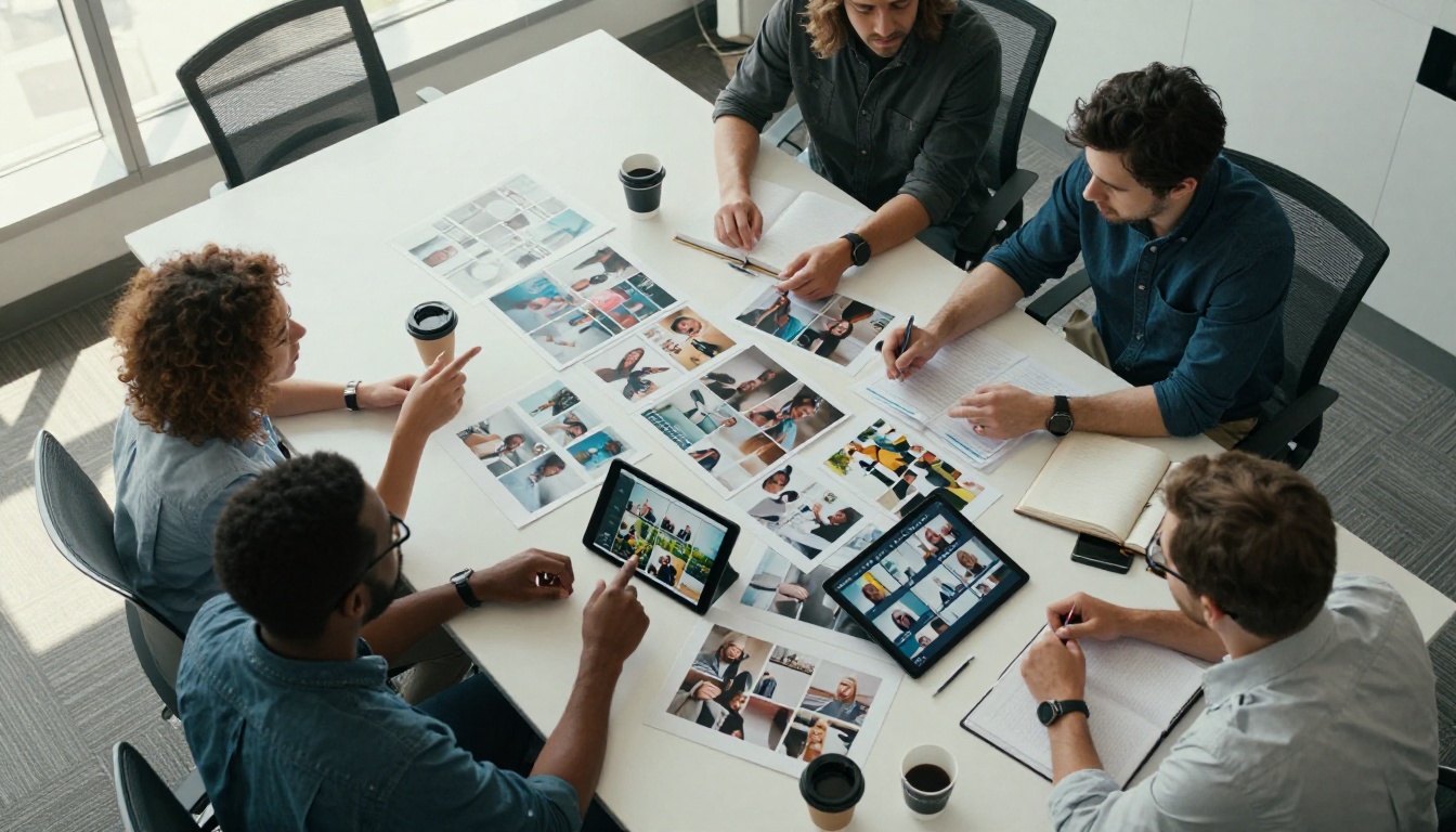 An overhead aerial view of a marketing team gathered around a conference table with printed photographs, tablet storyboards, and slideshow mockups spread across it