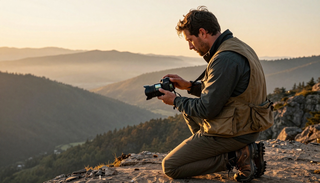A travel photographer kneeling at a cliff edge at golden hour, reviewing landscape images on a mirrorless camera, a mist-filled mountain valley behind him