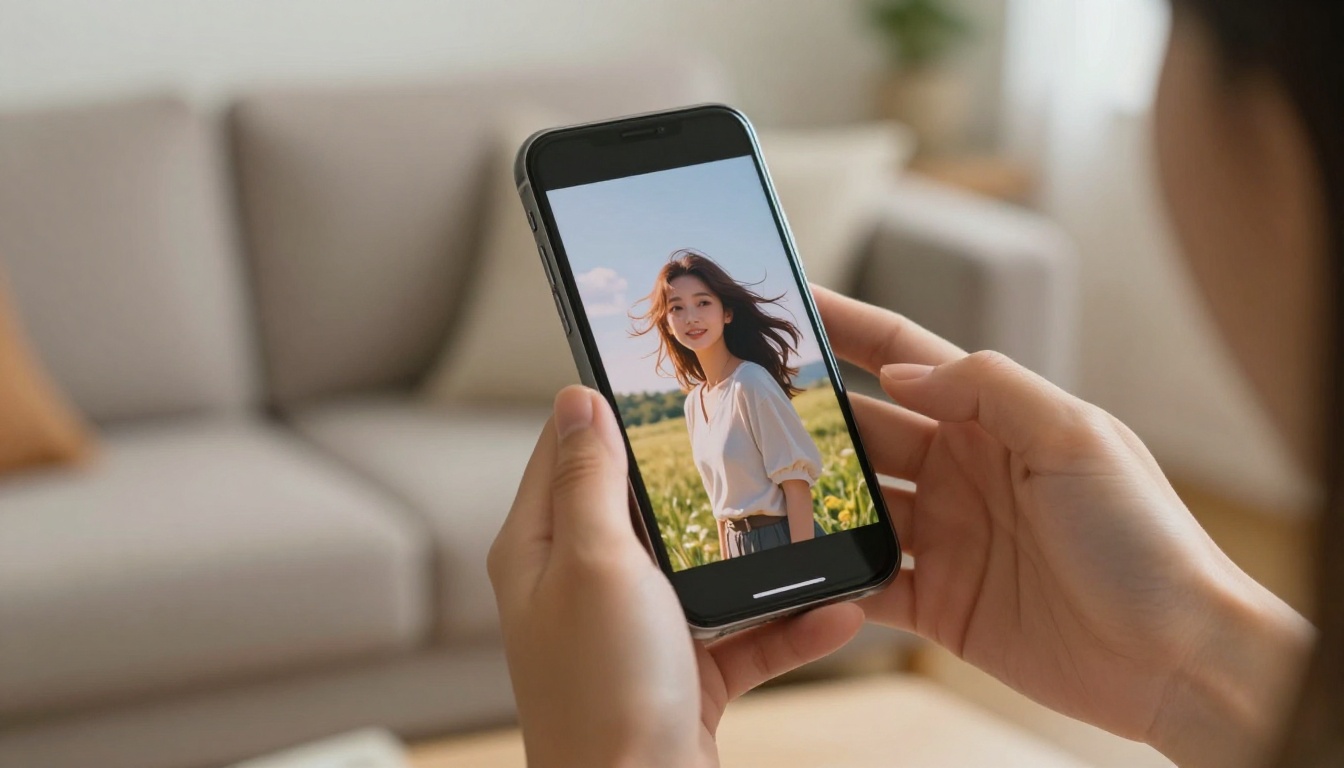 A woman holding a smartphone horizontally, the screen showing an animated portrait video of a woman in a sunlit field with her hair in motion