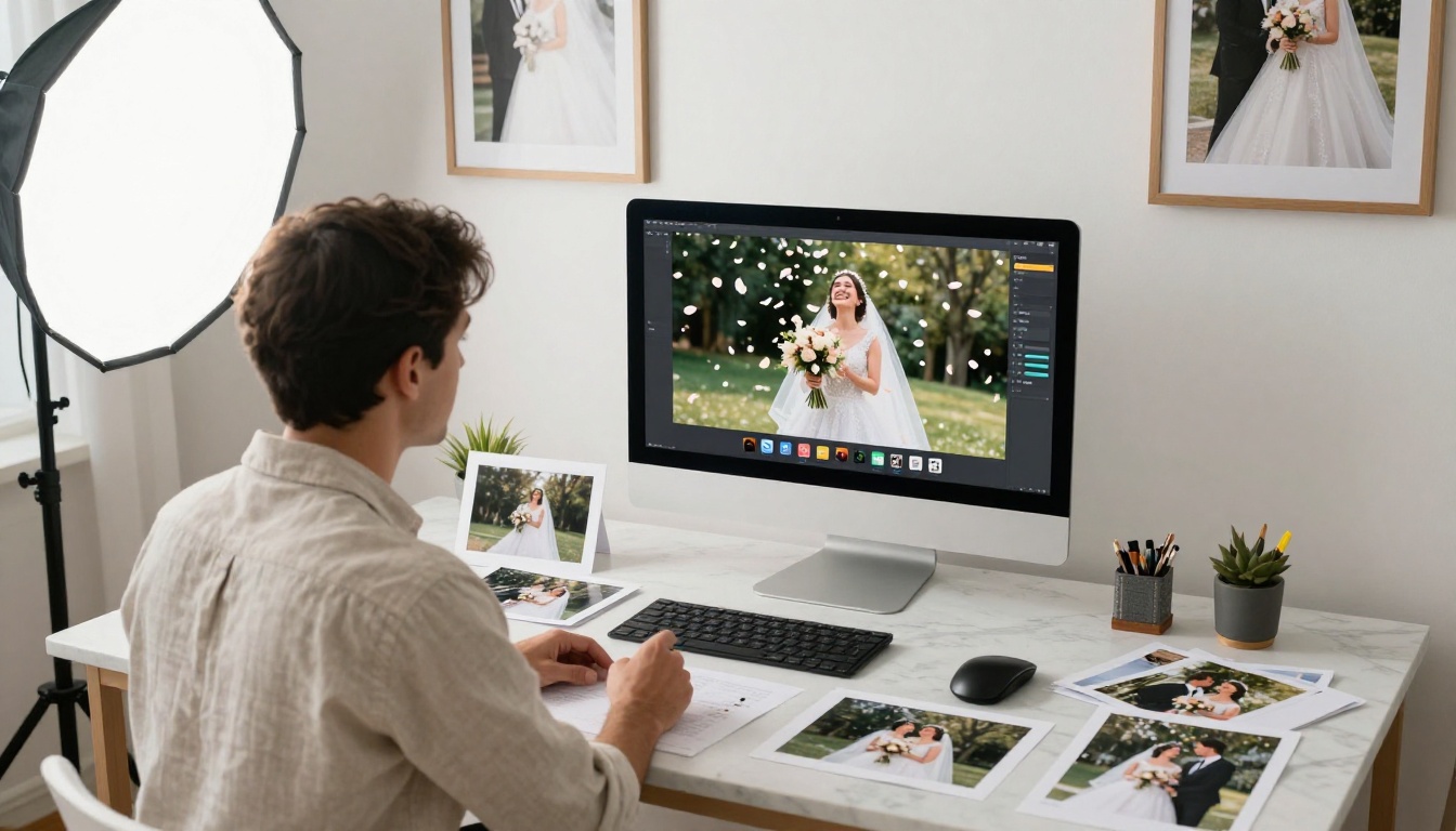 A wedding photographer at a bright studio reviewing animated wedding footage on a large monitor, printed wedding photos spread across a white marble desk