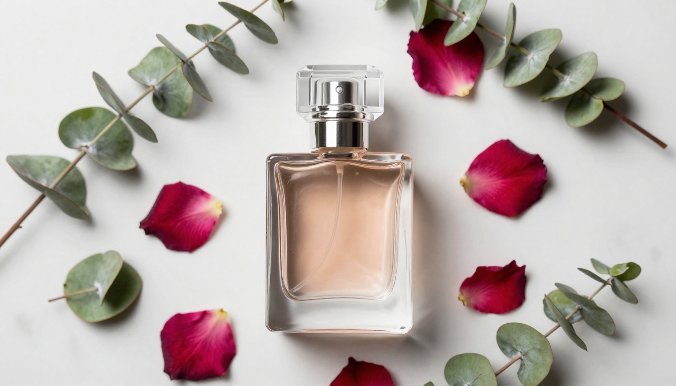 A flat-lay product photo of a perfume bottle centered on white marble, rose petals mid-fall with photorealistic glass refraction and specular highlights