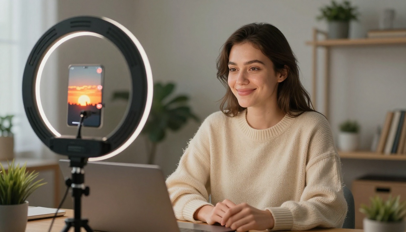 A content creator smiling at a laptop screen in a minimal home studio setup, watching an animated image post receiving social media notifications