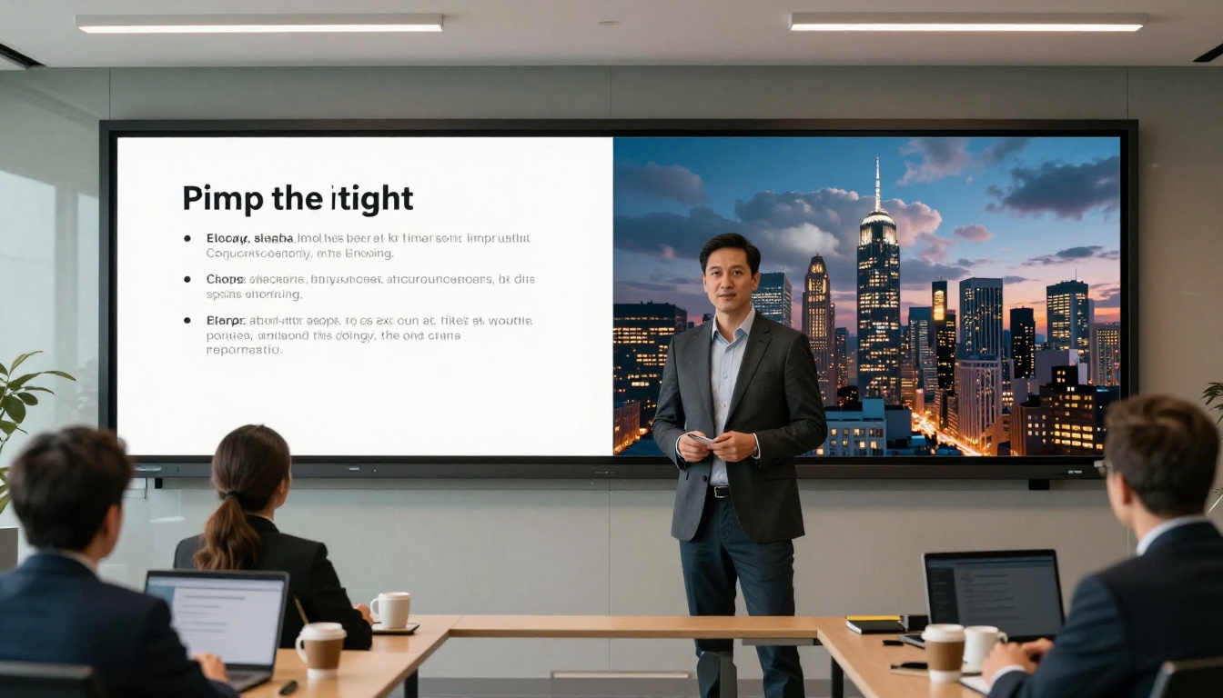 A business professional presenting from a wall-mounted screen, the display split between a static slideshow and a cinematic animated city skyline video
