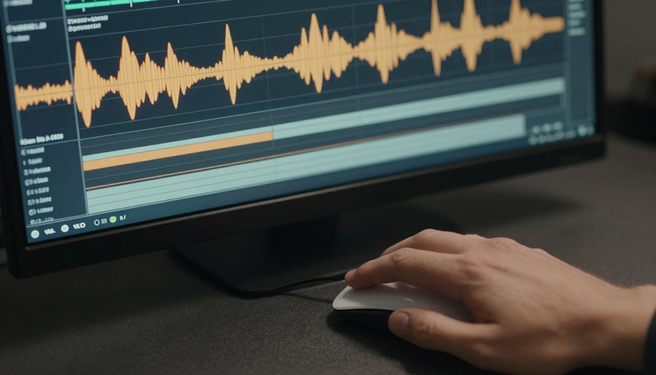 AI waveform transcription interface with subtitle text