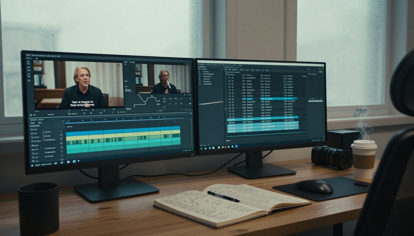 Video editing workstation with dual monitors showing subtitle timeline