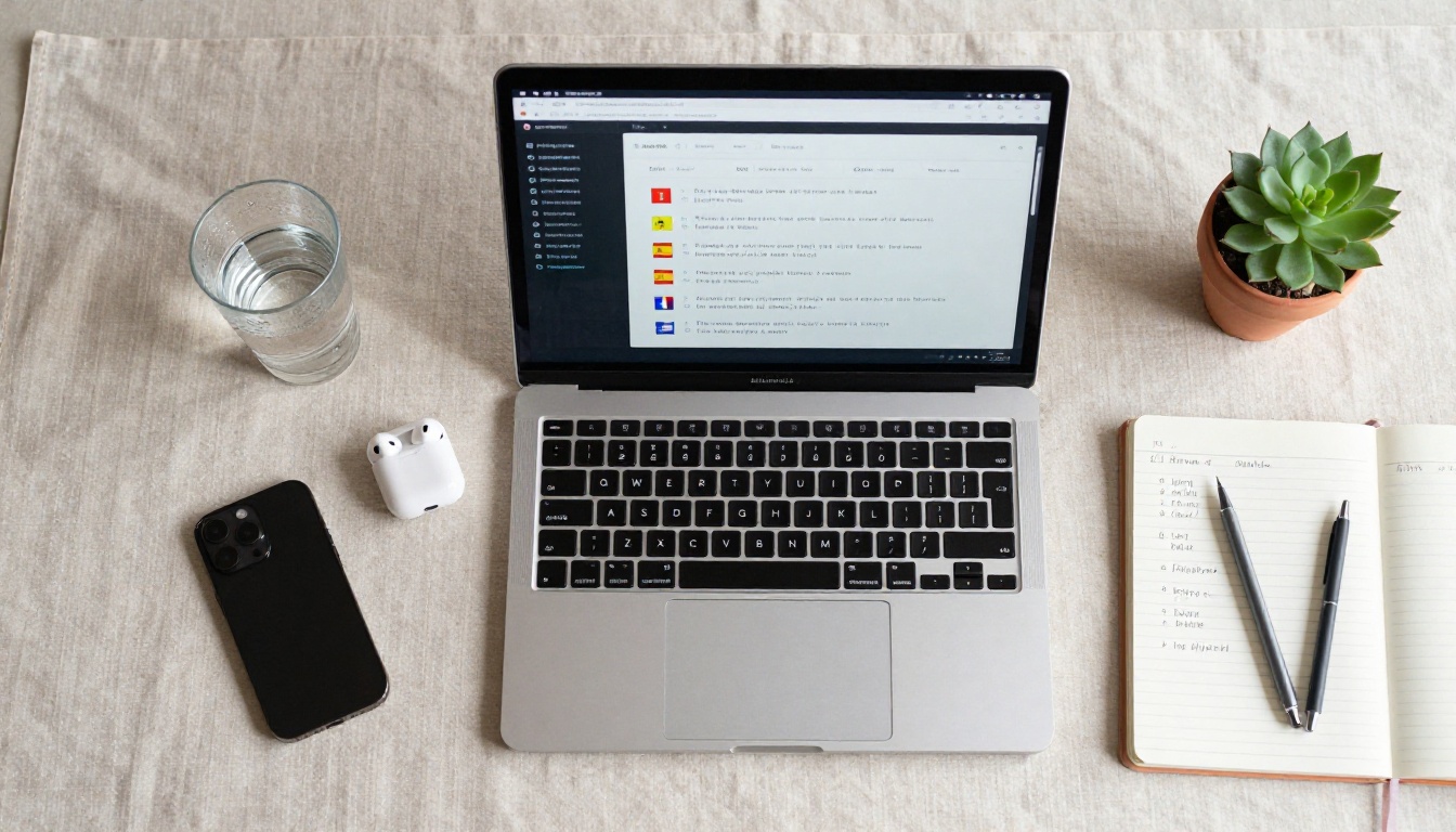 Flat-lay workspace with laptop showing multilingual subtitle interface