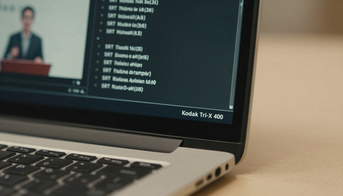 Macro close-up of laptop with SRT subtitle file visible on screen
