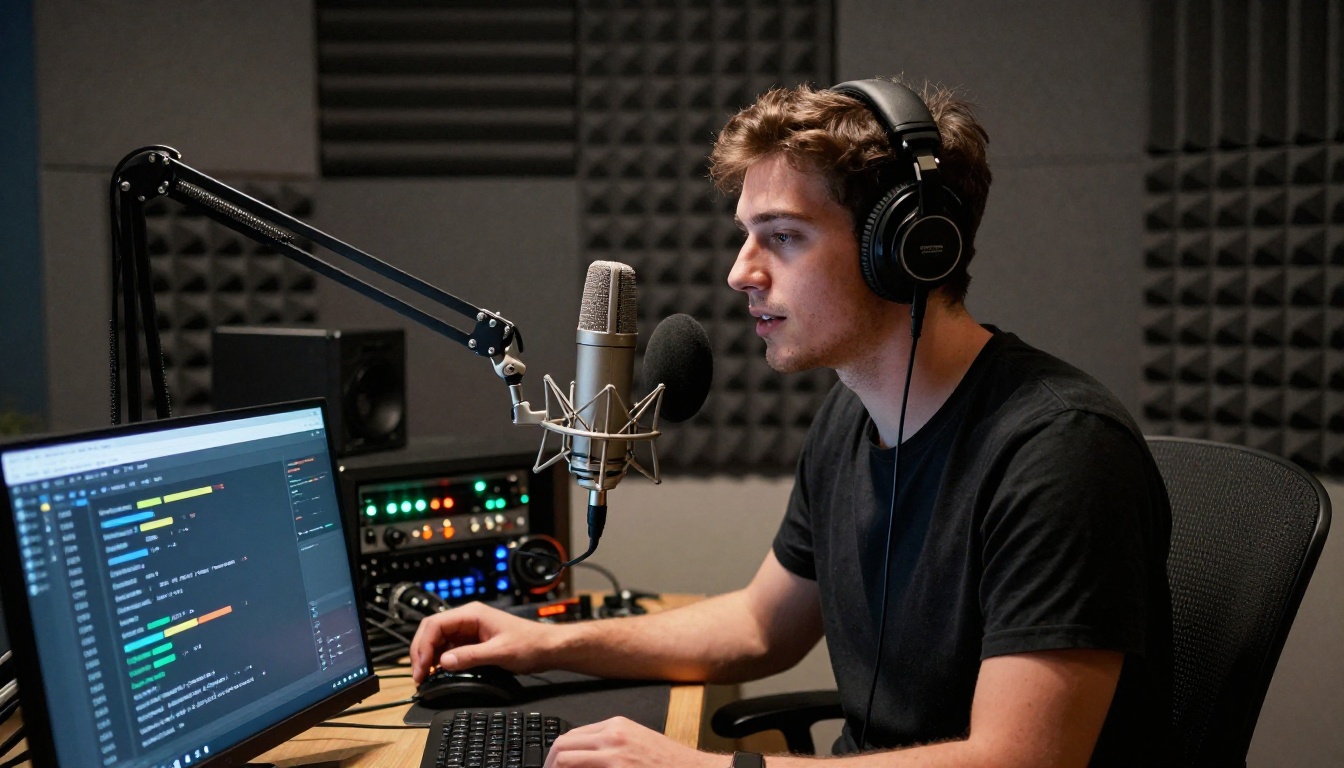 Podcaster in recording studio with AI speech recognition on screen