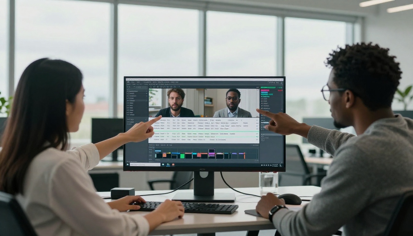Diverse team collaborating over multilingual subtitle editor