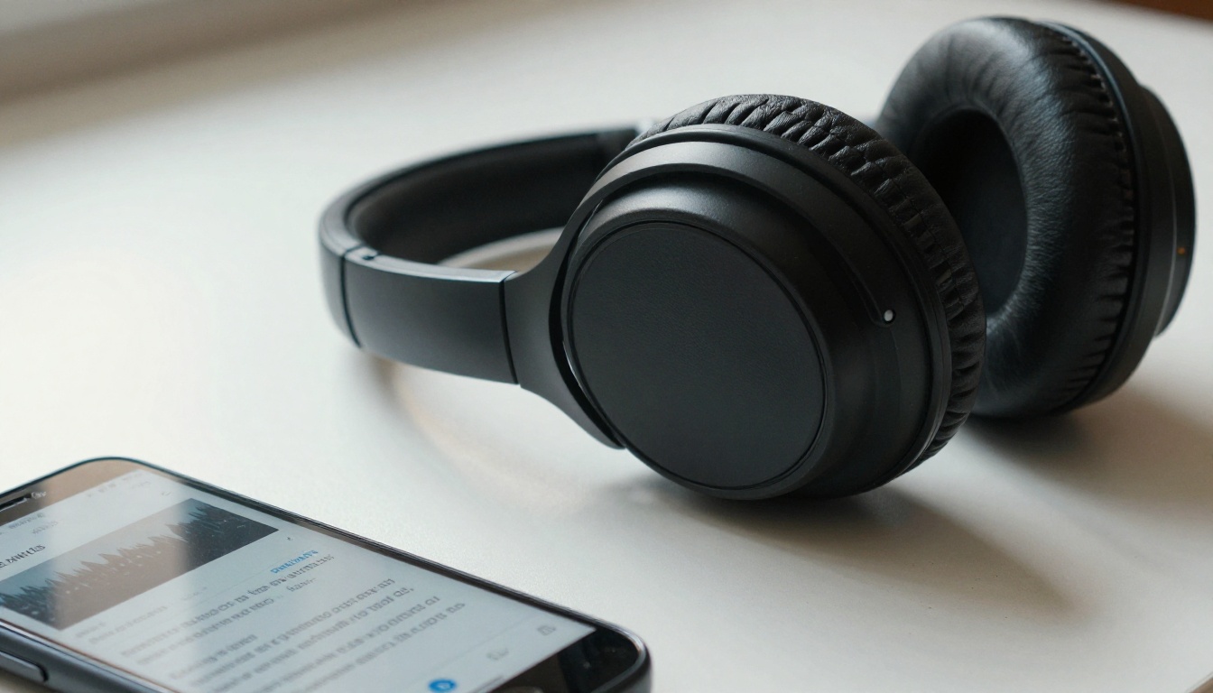 Headphones and smartphone showing audio transcription interface
