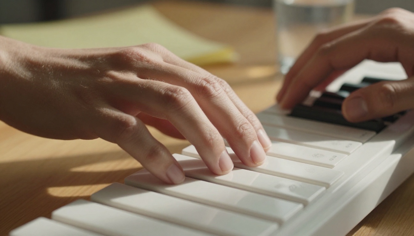 Close-up of a musician's hands playing a white MIDI keyboard with warm directional afternoon light