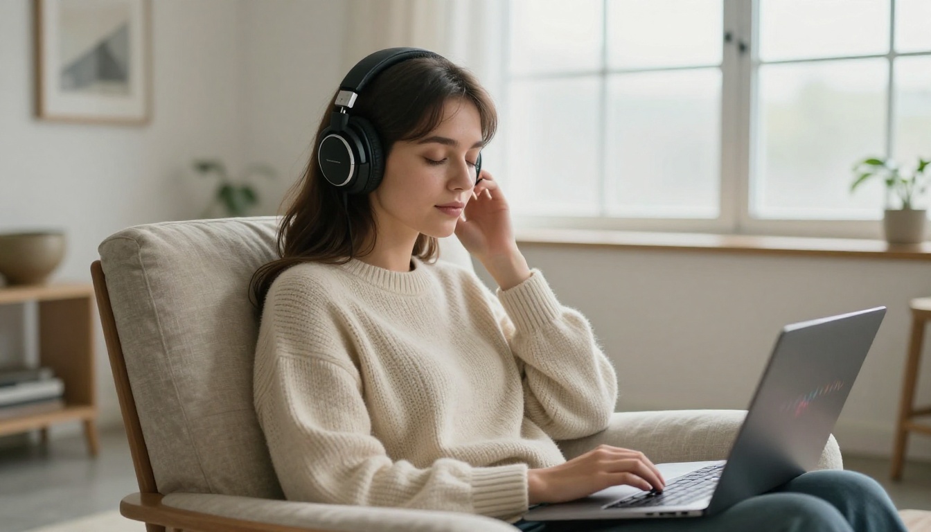 Young woman with studio headphones listening to AI-generated music in a minimalist apartment