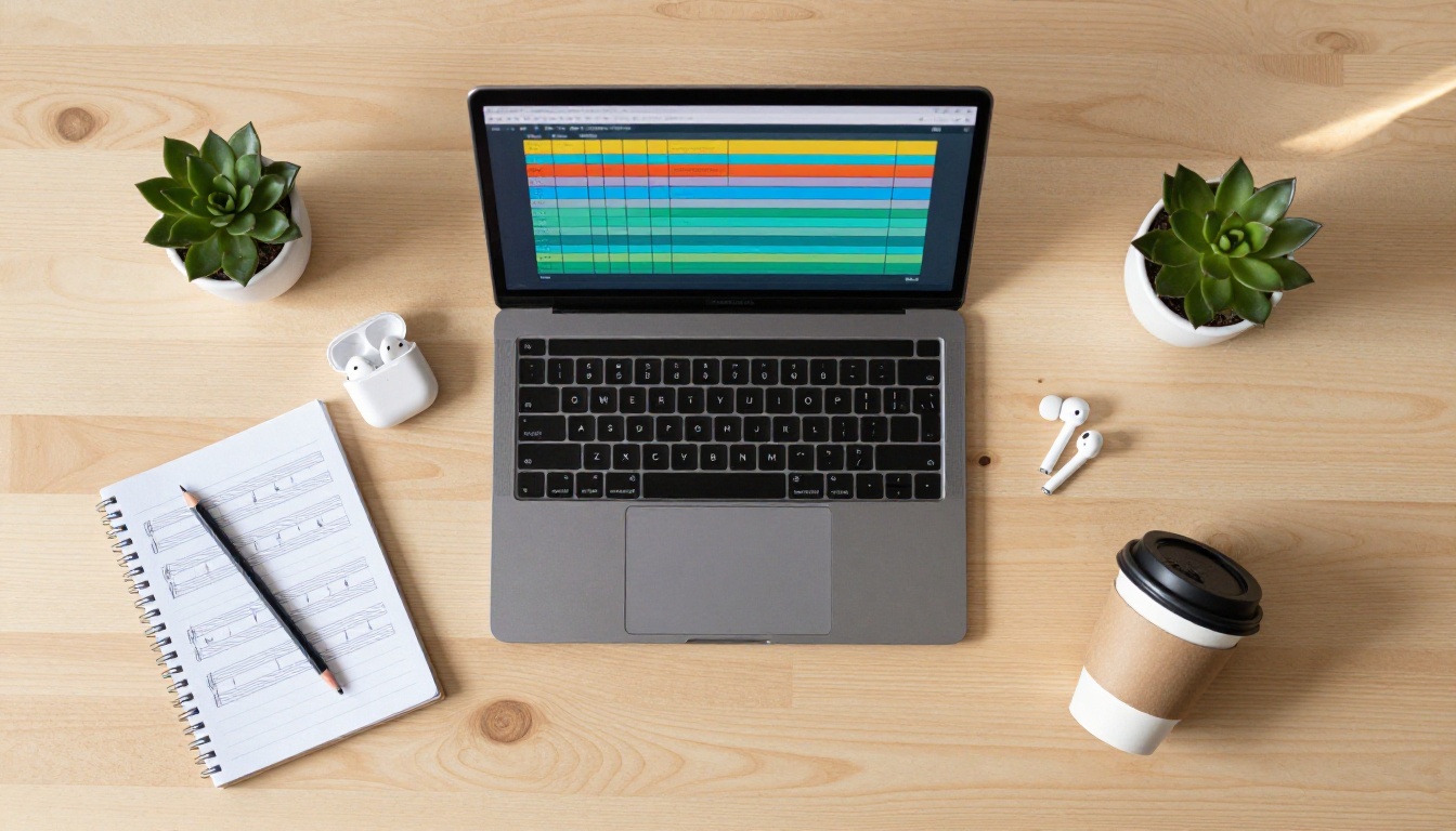 Aerial flat-lay of music production tools including laptop, earbuds, notebook and coffee on a wooden desk