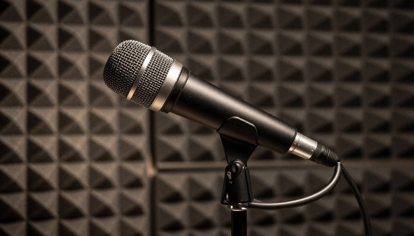 Close-up of a studio condenser microphone against dark grey acoustic foam panels