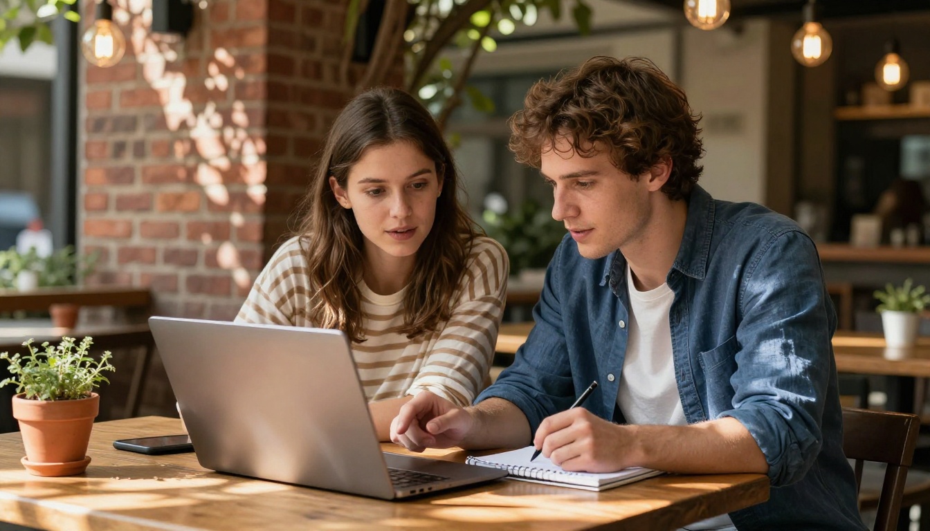 Two people collaborating on AI music creation at an outdoor café with a laptop