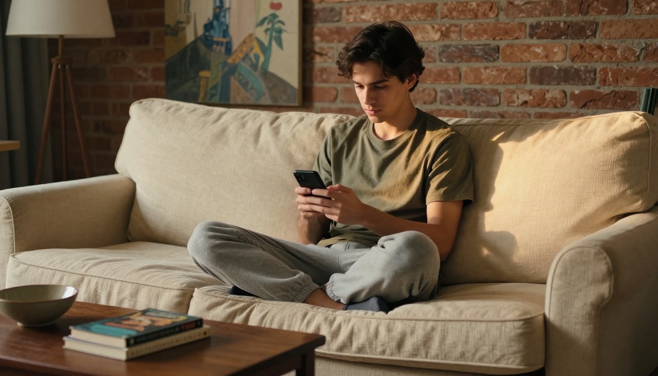 Man sitting on a sofa using a smartphone to generate AI music in a cozy home living room