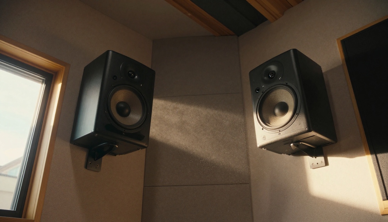 Low-angle shot of professional studio monitor speakers mounted in a home recording studio