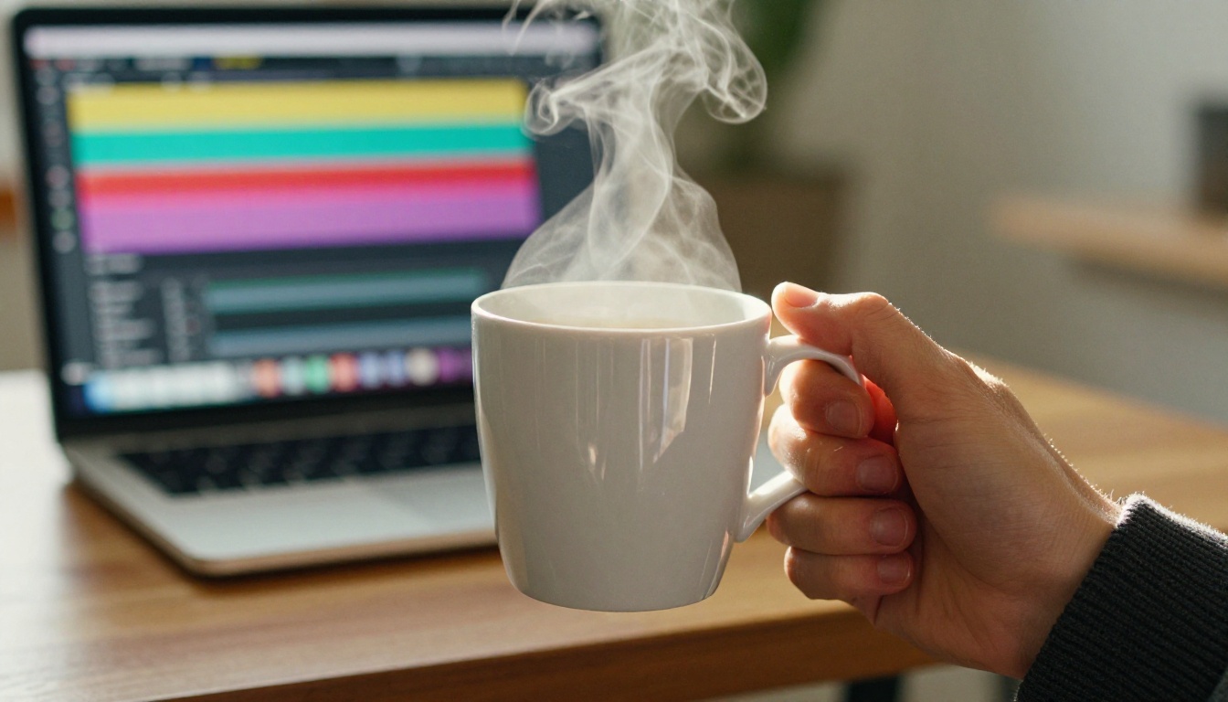 Person holding a ceramic coffee mug with a laptop showing audio editing waveforms blurred in the background