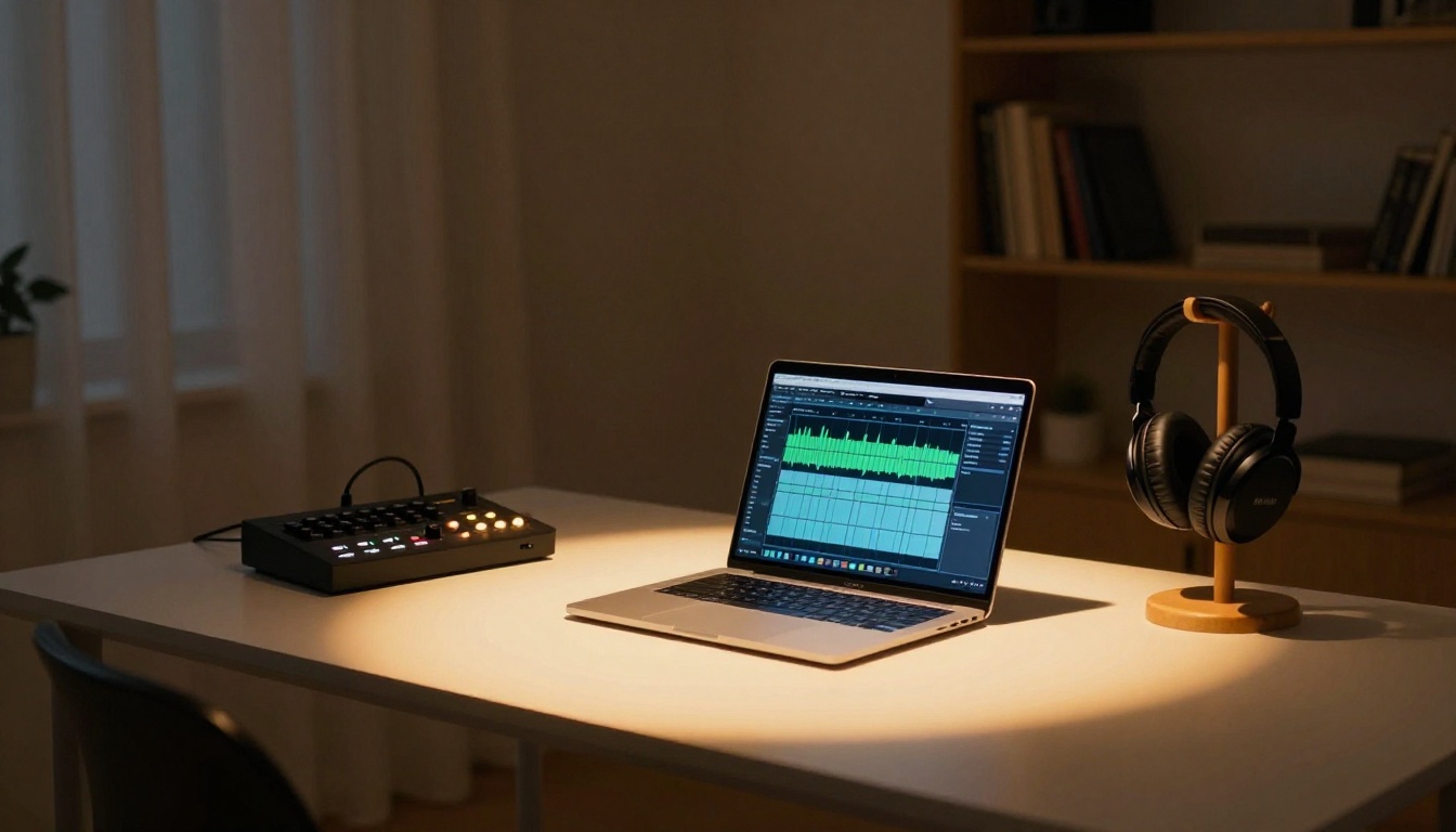 Minimal home office at night with laptop showing audio waveforms and warm desk lamp glow