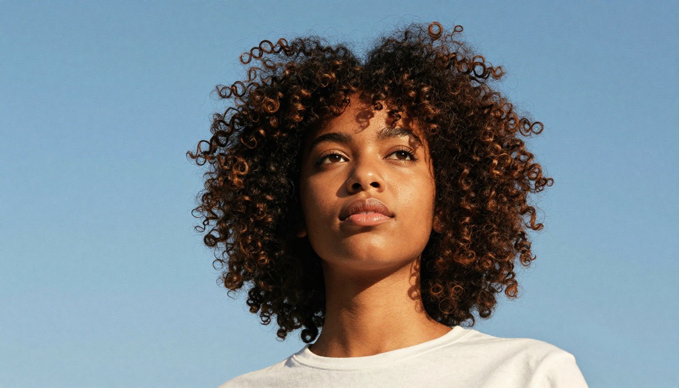 Young woman with natural afro hair against a bright blue sky showing AI masking complexity Young woman with natural afro hair against a bright blue sky showing AI masking complexity