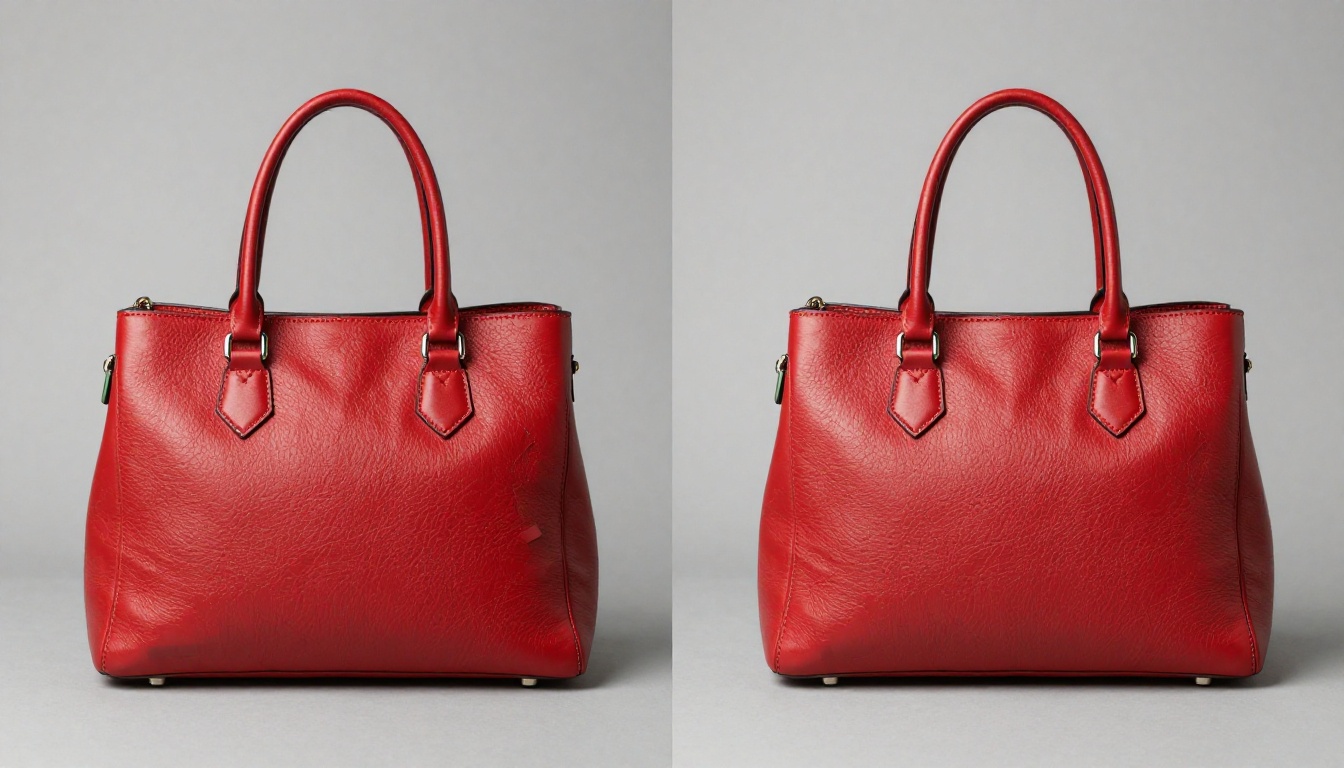 Side-by-side before and after AI cutout of a red leather handbag showing rough vs clean result Side-by-side before and after AI cutout of a red leather handbag showing rough vs clean result