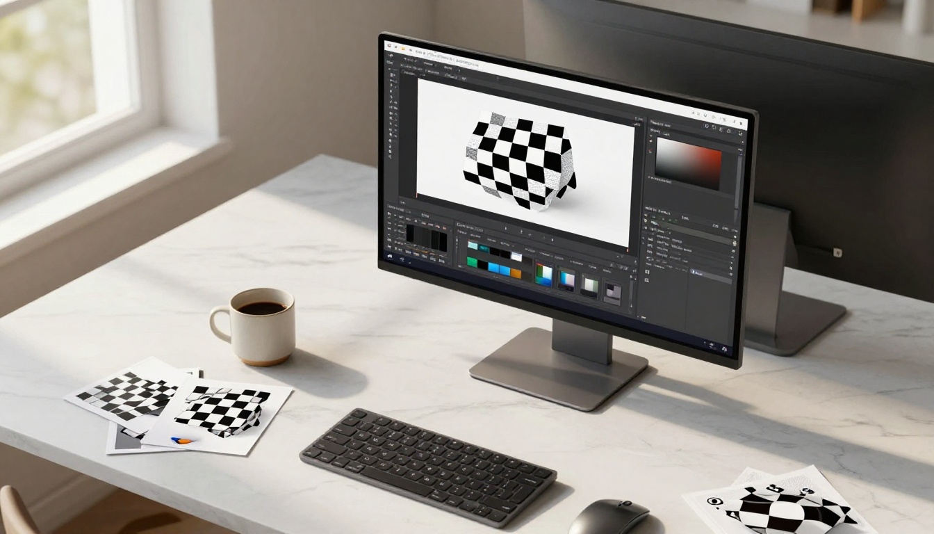 Overhead creative workspace with monitor displaying transparent PNG cutouts in photo editing software Overhead creative workspace with monitor displaying transparent PNG cutouts in photo editing software