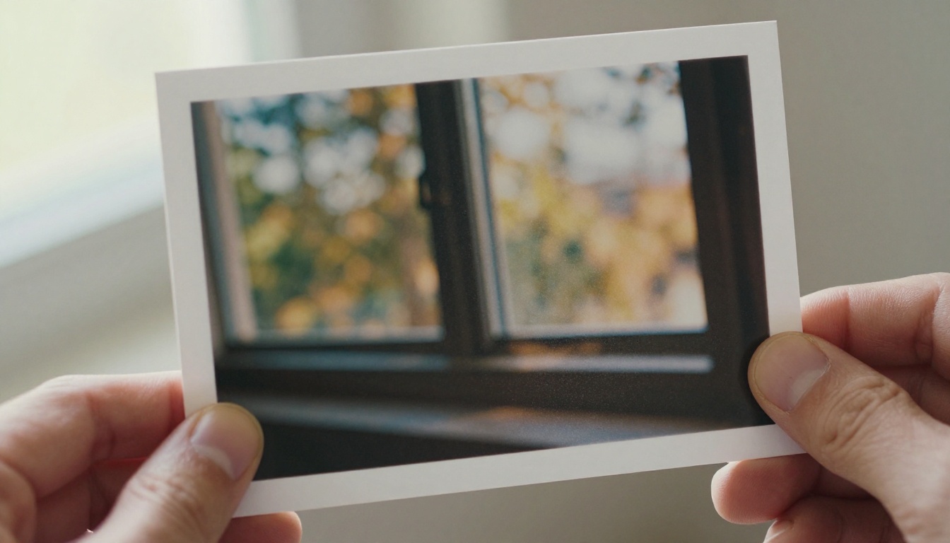 Close-up of a printed photograph showing blurry versus sharp comparison held in human hands