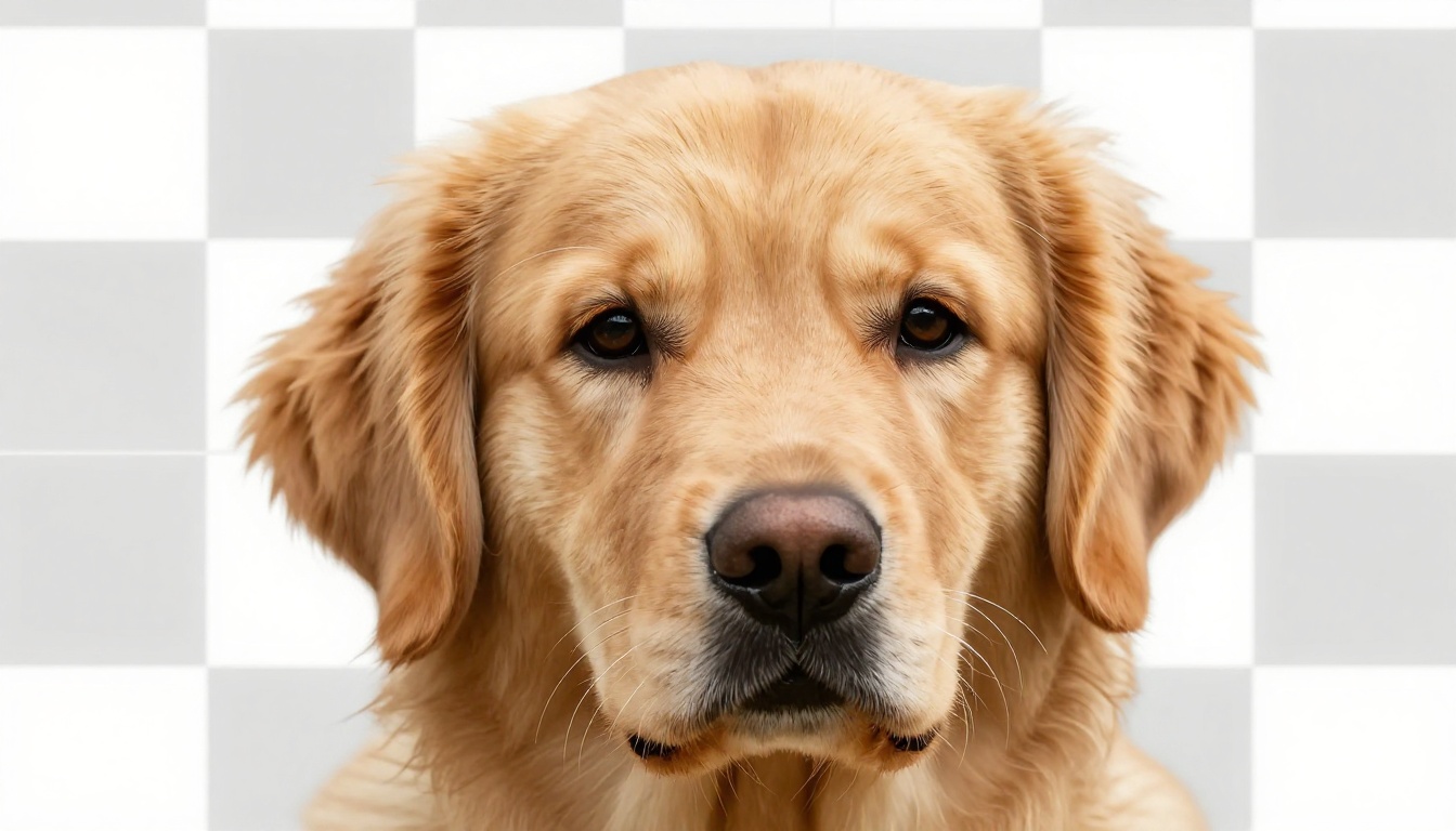 Golden retriever face cleanly isolated against transparent checkerboard with individual fur strand detail preserved