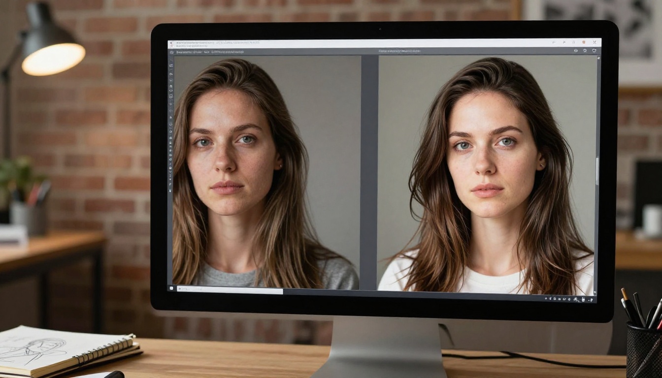 Professional graphic designer comparing low-resolution and upscaled portrait photos at an iMac in a creative studio