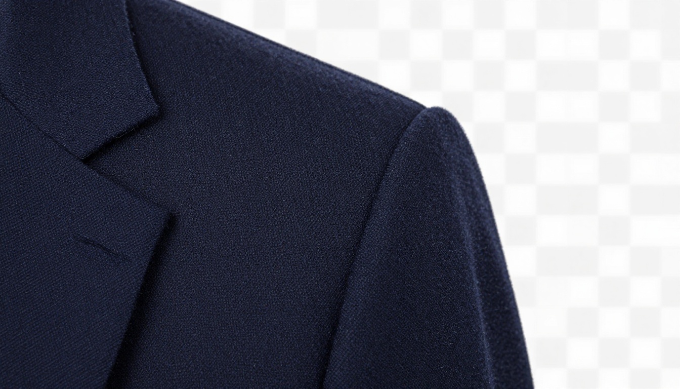 Close-up of dark navy wool blazer edge isolated against transparent checkerboard showing clean fiber detail