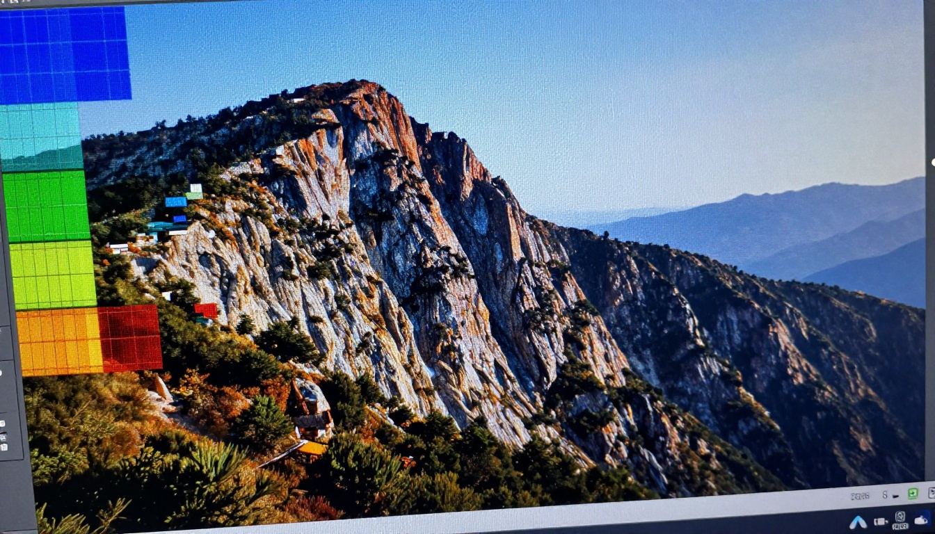Extreme macro close-up of a monitor screen showing pixel-level detail transition during AI upscaling