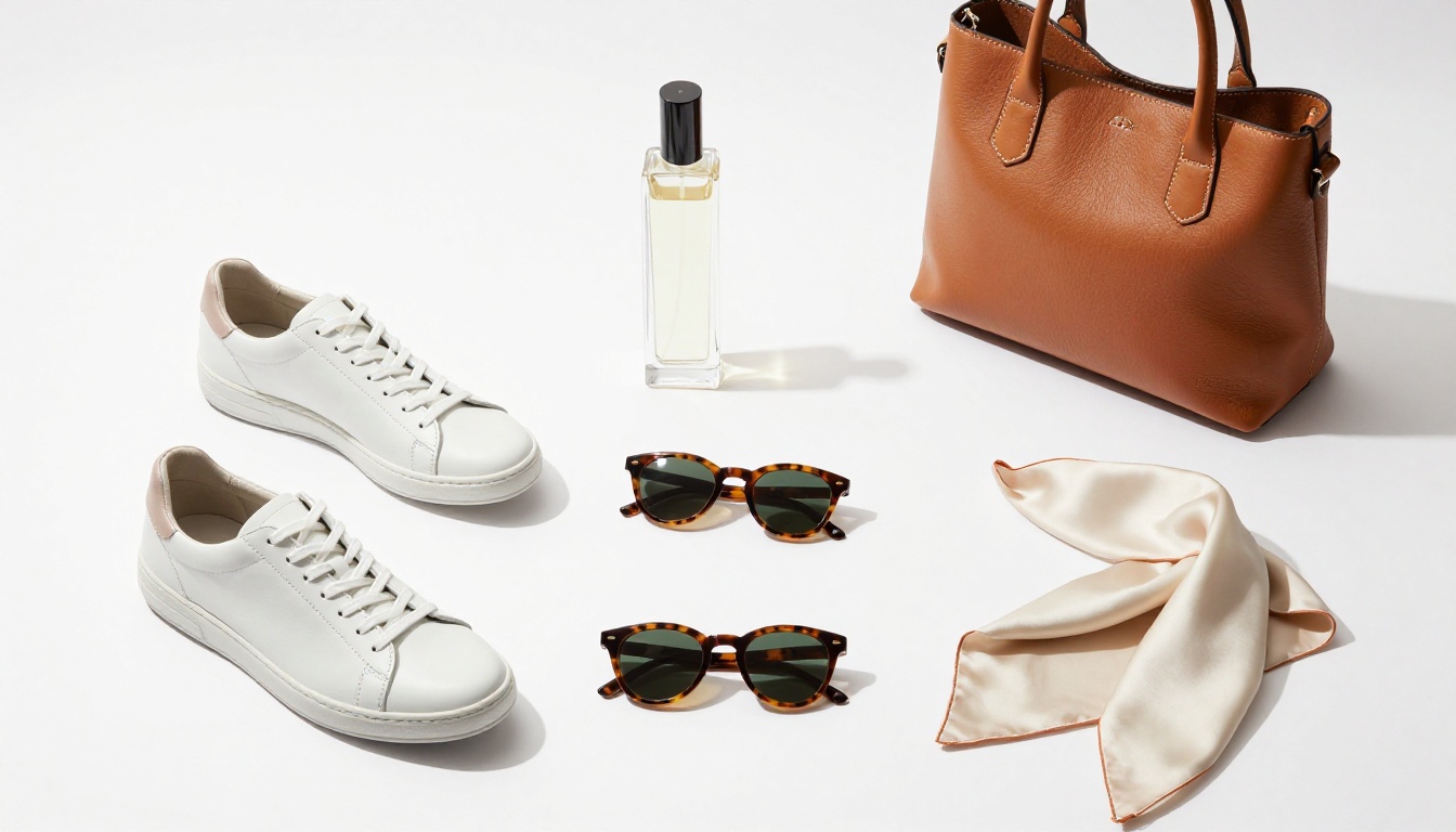 Overhead flat-lay of cleanly isolated fashion products including shoes, bags, sunglasses, and accessories