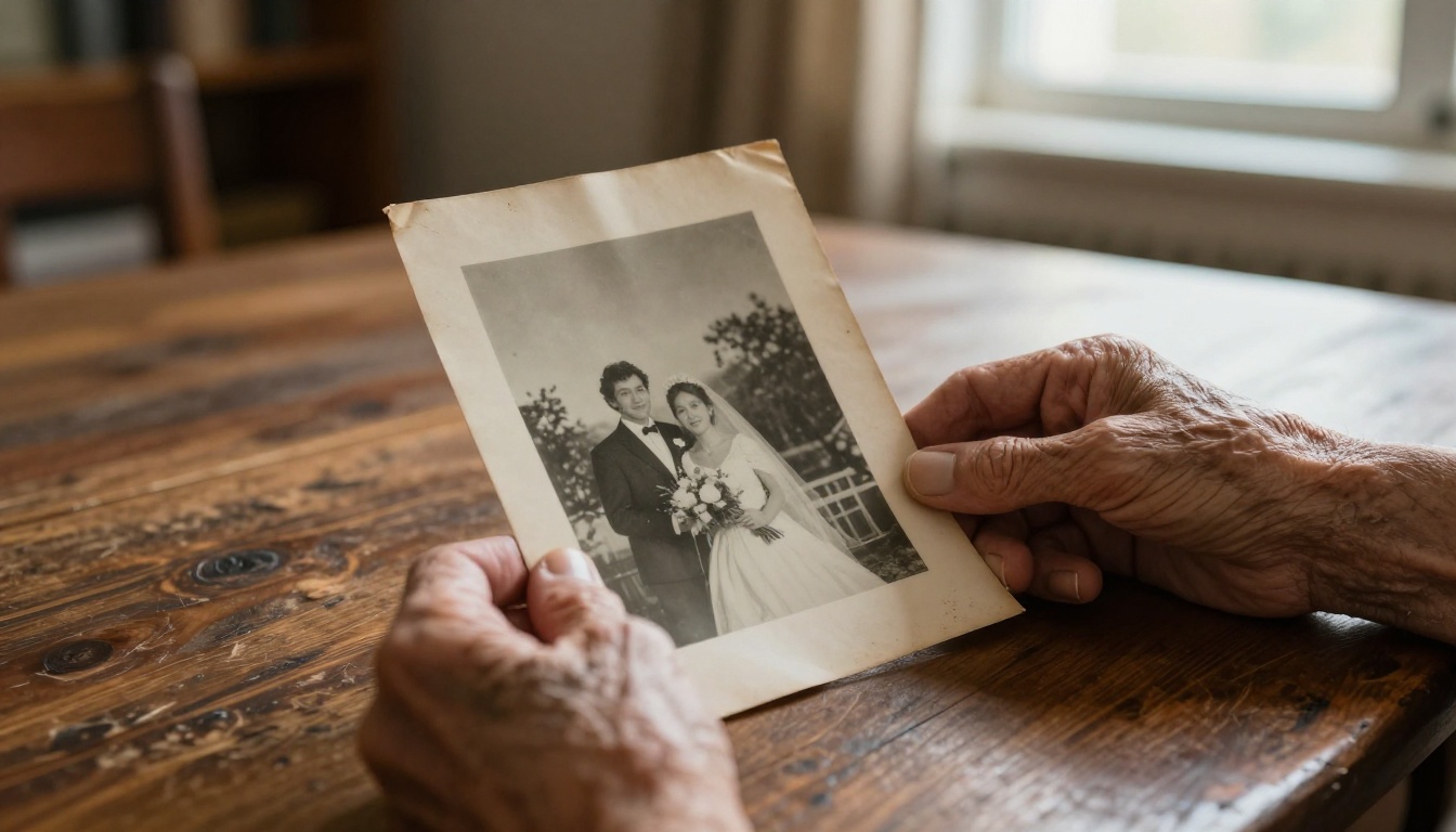 Elderly woman's weathered hands holding a faded vintage black-and-white wedding photograph at a dark oak table