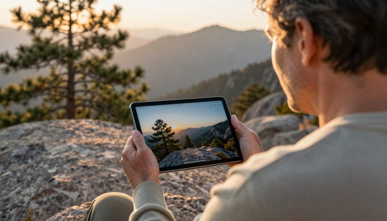 Nature photographer reviewing mountain landscape images on a tablet outdoors during golden hour