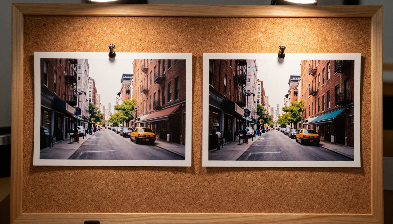 Two printed photographs pinned side by side on a cork board showing quality comparison under warm studio light