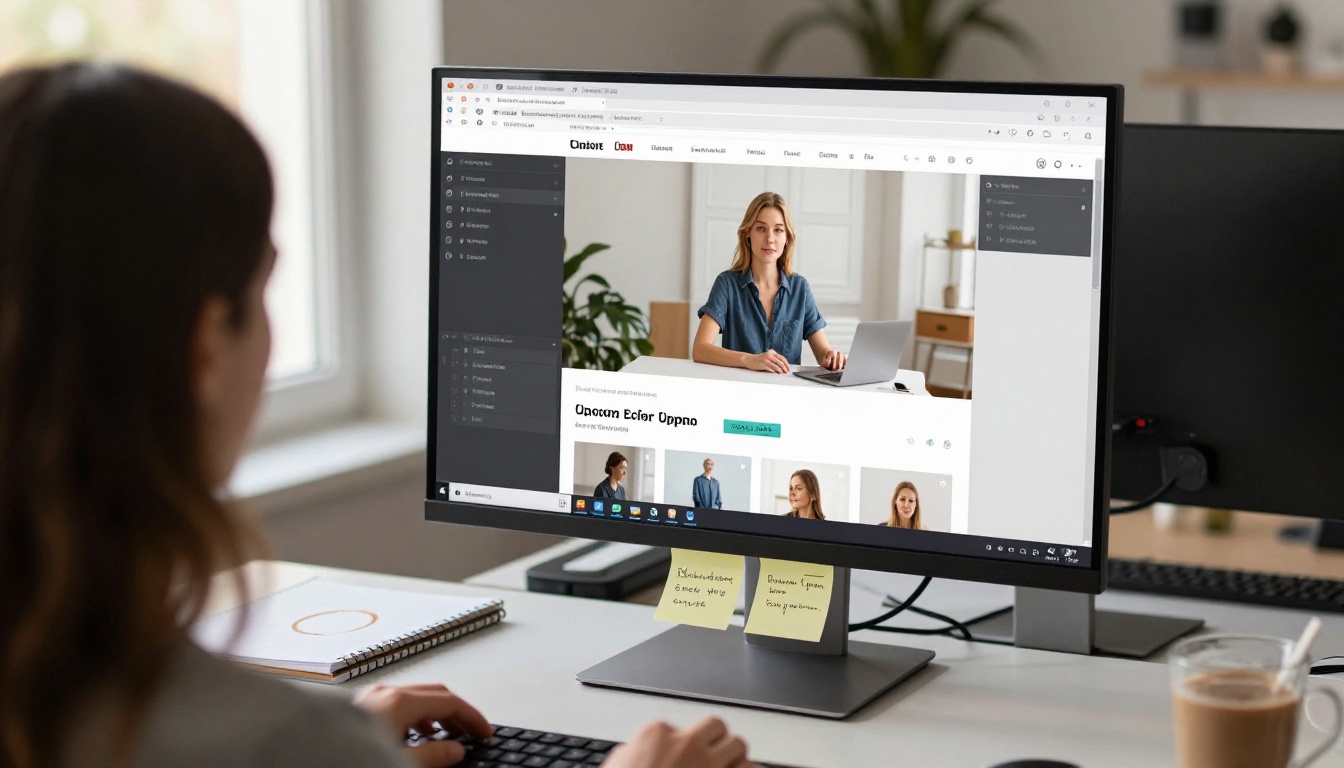 Web developer reviewing product photos being upscaled in a browser interface on a widescreen monitor at a standing desk