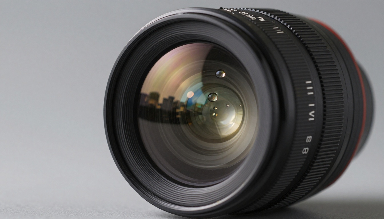 Ultra close-up macro photograph of a premium camera lens front element with a city skyline reflected in the glass
